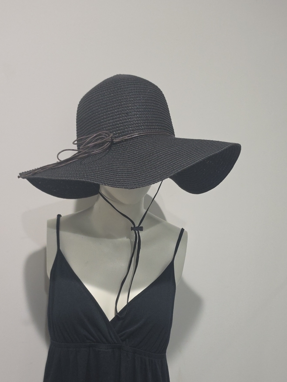 Wide Brim Sun Hat with Chin Tie - Black